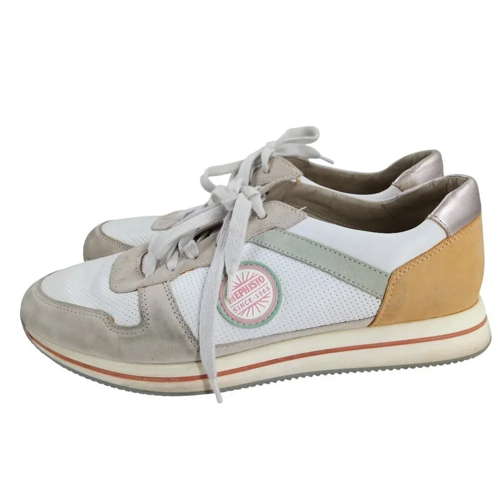 Mephisto Lora Low Top Comfort Sneakers Size 7.5 Leather Suede Ceramic White